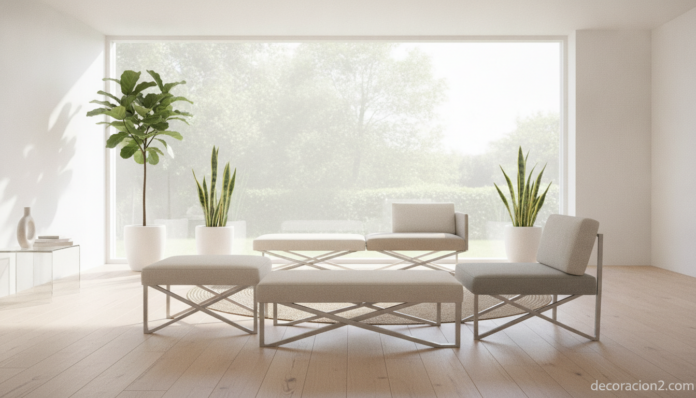 Bancos modulares cruzados de diseño en un salón moderno