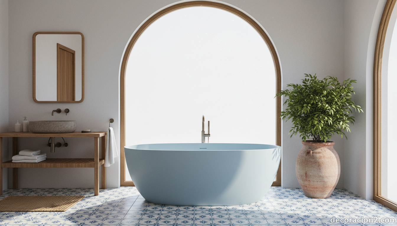 Bañera huevo Mastella en azul pastel en baño mediterráneo con azulejos hidráulicos