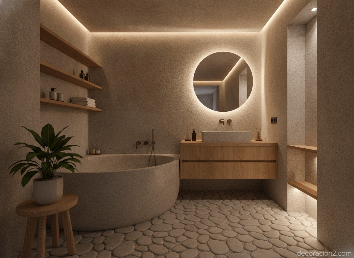 Bañera ovalada de piedra integrada en un baño pequeño de estilo japandí