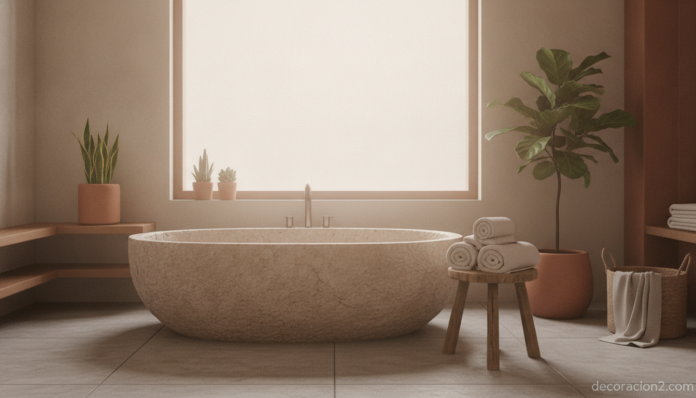 Bañera ovalada de piedra Oval Soaking Tub en un baño moderno tipo spa