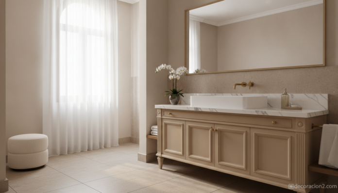 Baño que combina estilo clásico y minimalista con lavabo blanco y mueble con molduras