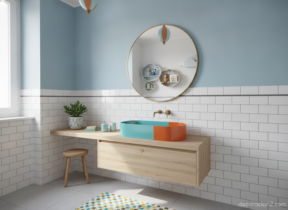 Baño infantil alegre con lavabo de colores y azulejos blancos sobrios
