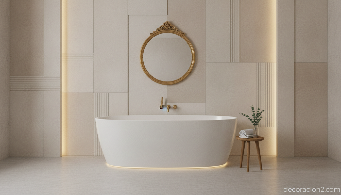 Baño minimalista con bañera exenta y pared con paneles decorativos en relieve