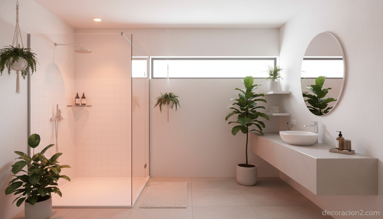 Baño moderno en tonos neutros con ducha de cromoterapia en tonos cálidos