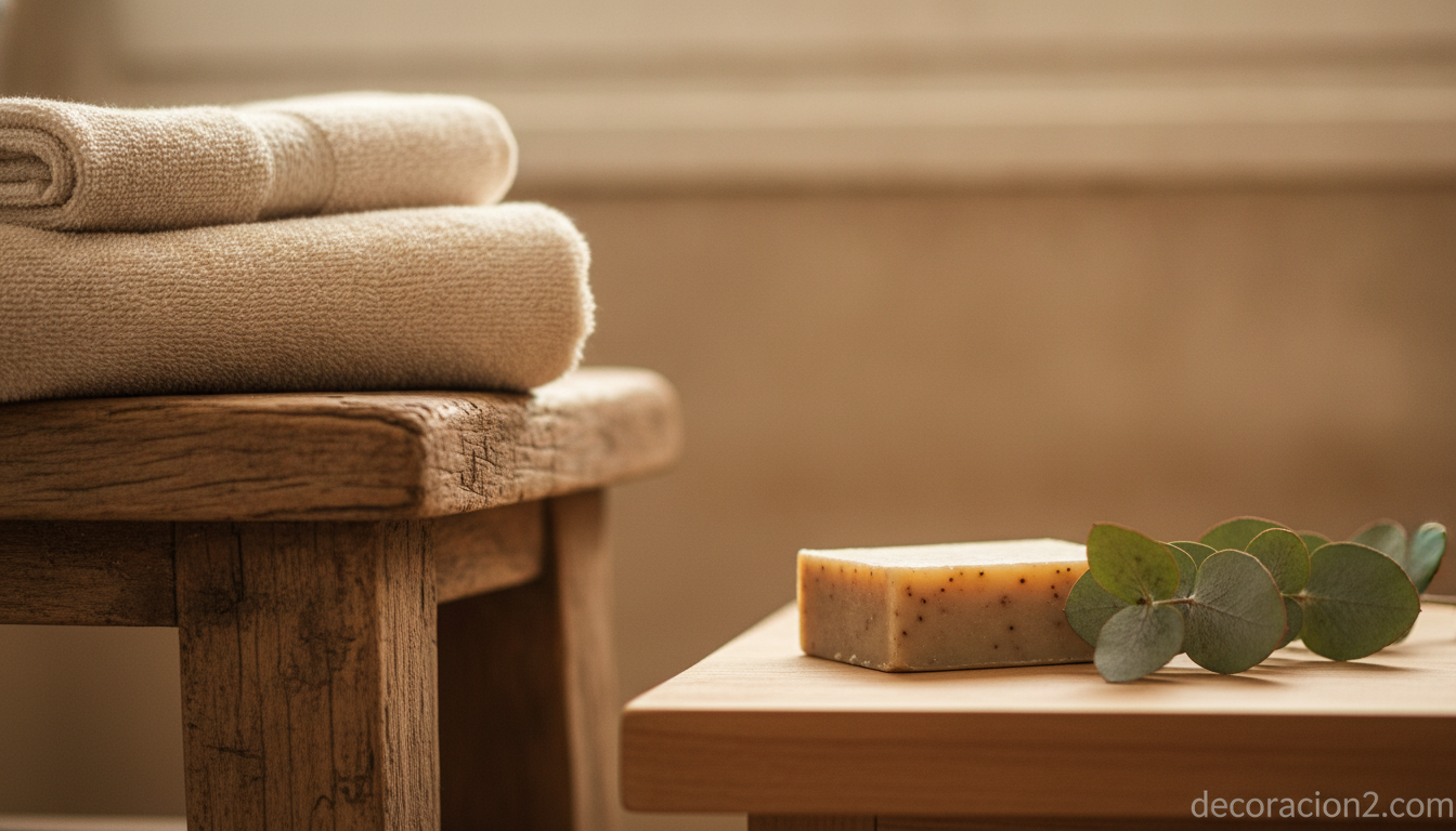 Detalle de materiales naturales en un baño relajante: madera y toallas de algodón