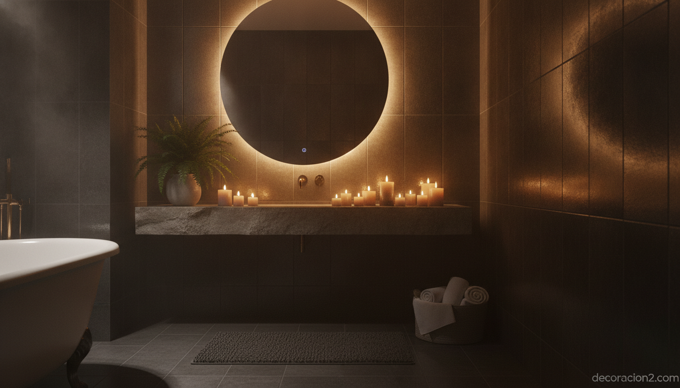 Baño relajante con iluminación cálida regulable y velas para crear ambiente de spa
