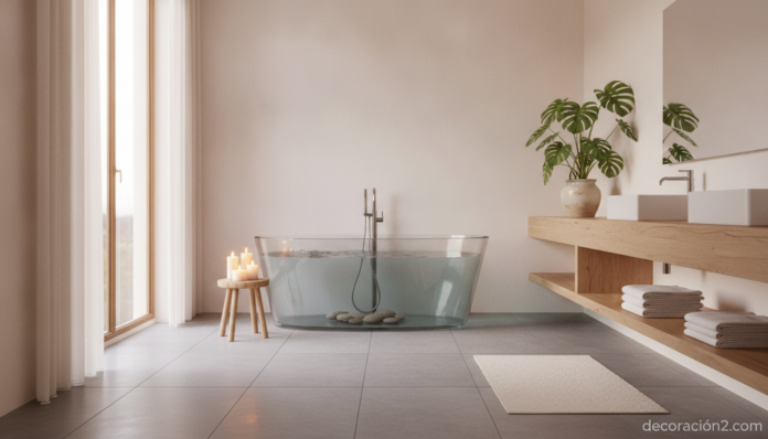 Baño relajante de estilo spa con bañera exenta y panel de cristal