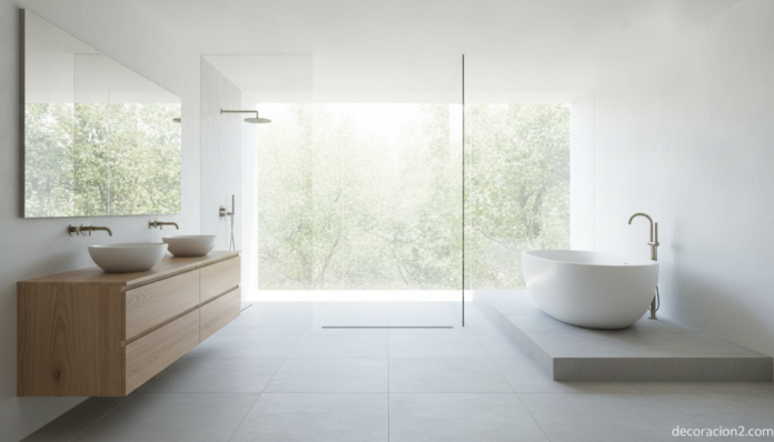 A wide architectural interior photograph of a contemporary walk-in bathroom. Open glass walls let in abundant natural dayl... Baño walk-in contemporáneo con ducha abierta y mucha luz natural