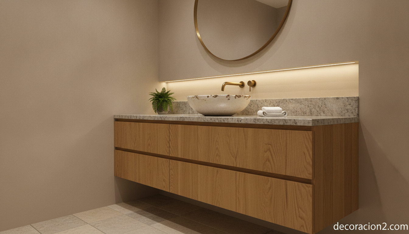 Baño walk-in: el concepto contemporáneo que redefine el espacio y la luz 4 Mueble de madera de roble y materiales naturales en un baño walk-in