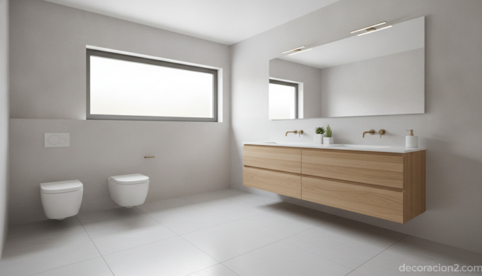 Cuarto de baño moderno con sanitarios suspendidos y suelo despejado