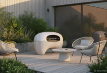 Barbacoa de diseño futurista blanca Party Q en una terraza de jardín moderna