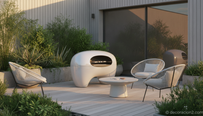 A sleek futuristic white barbecue with smooth rounded lines standing in a contemporary garden terrace at golden hour, mini... Barbacoa de diseño futurista blanca Party Q en una terraza de jardín moderna
