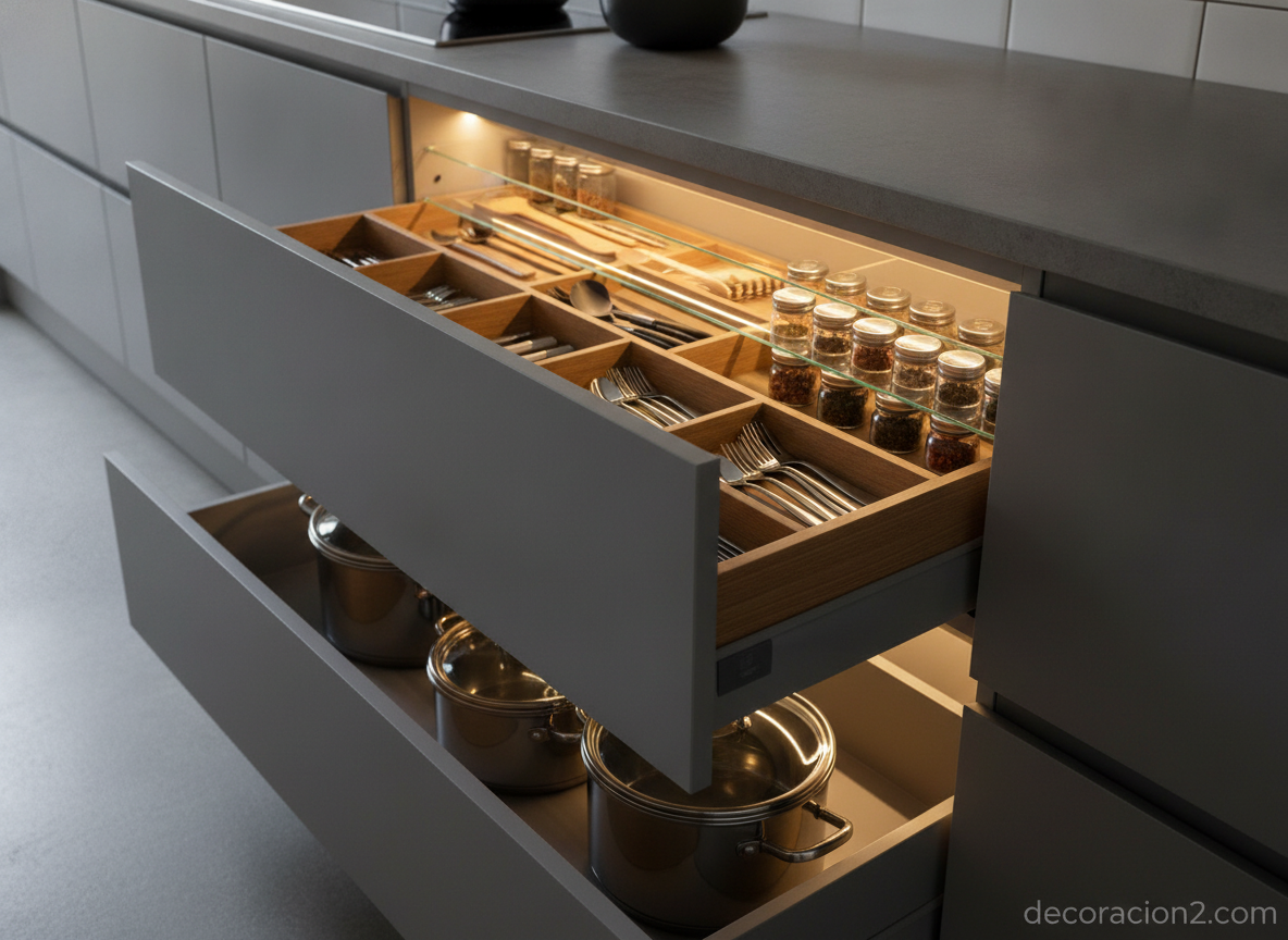 Cocina de lujo con cristales Swarovski: la Crystal 25 de Auró 2 Cajón de cocina abierto con iluminación LED interior en una cocina moderna