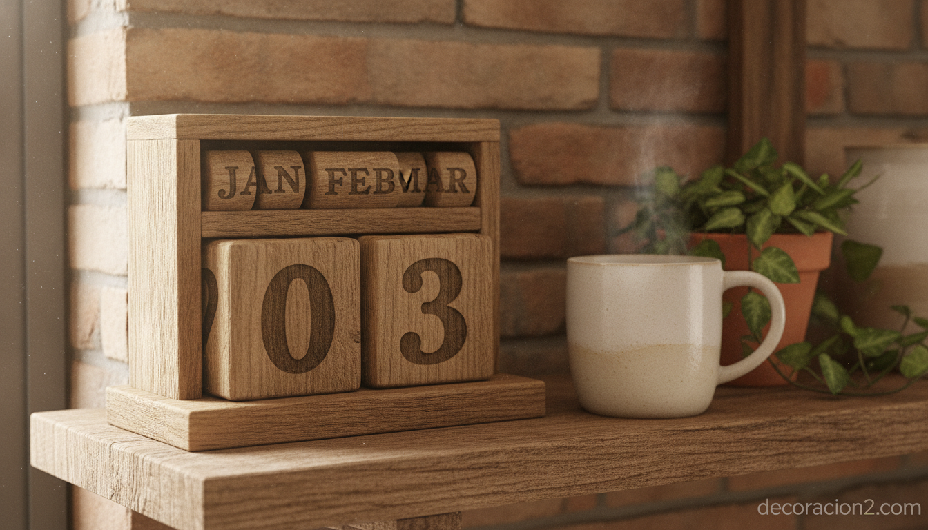Calendario perpetuo de madera con bloques giratorios sobre una estantería de cocina