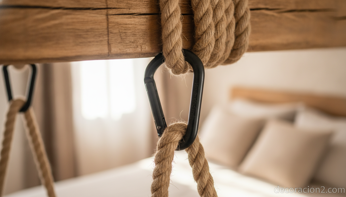 Detalle del sistema de cuerdas y herrajes que sujetan una cama colgante al techo