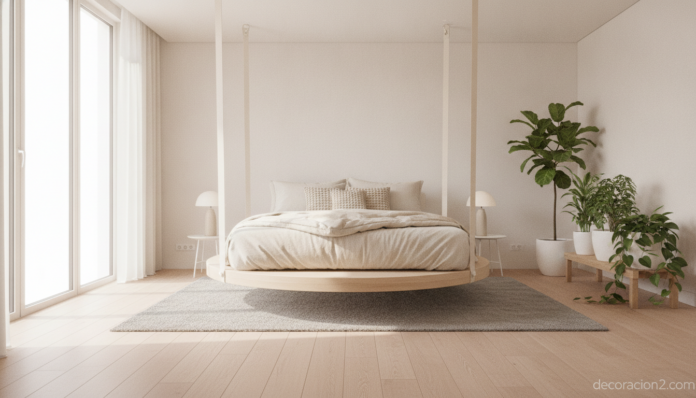 Cama colgante redonda suspendida del techo en un dormitorio moderno y luminoso