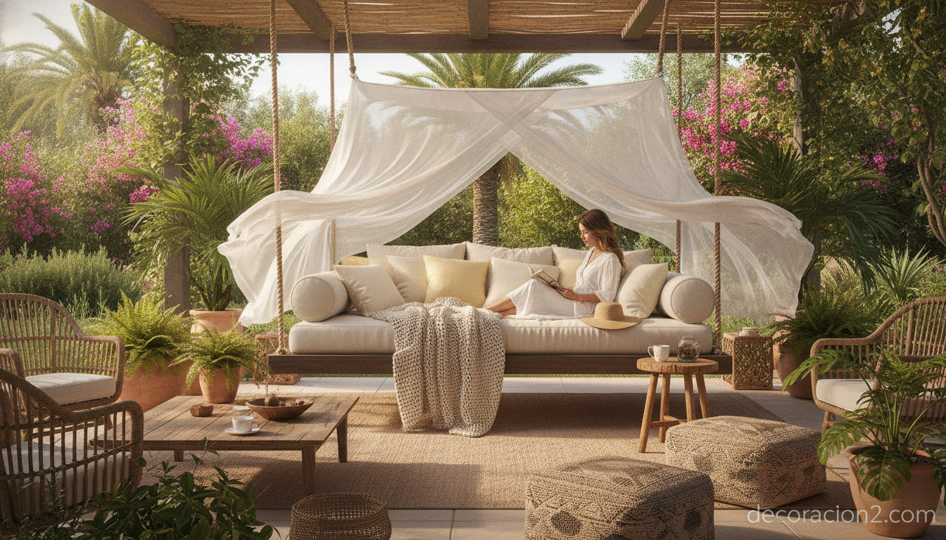 Cama colgante de estilo bóhomio en una terraza cubierta con cojines y plantas