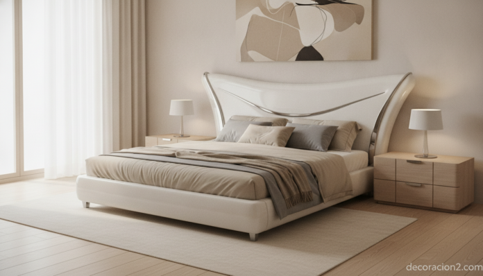 Cama de diseño moderno Prins de Flou con cabecero curvo en un dormitorio contemporáneo