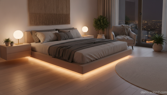 A modern, serene bedroom at night with a contemporary platform bed featuring integrated LED strip lighting glowing softly ... Dormitorio moderno con cama de luz LED integrada que ilumina el suelo