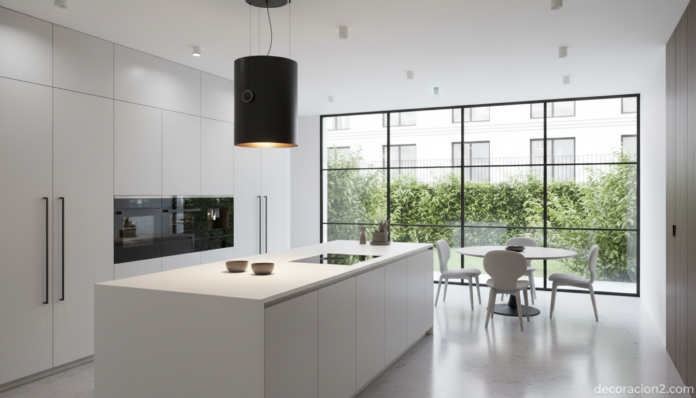 Modern kitchen with large central island, sculptural cylindrical island range hood suspended from the ceiling that looks l... Campana extractora para isla de diseño con aspecto de lámpara colgante en cocina moderna