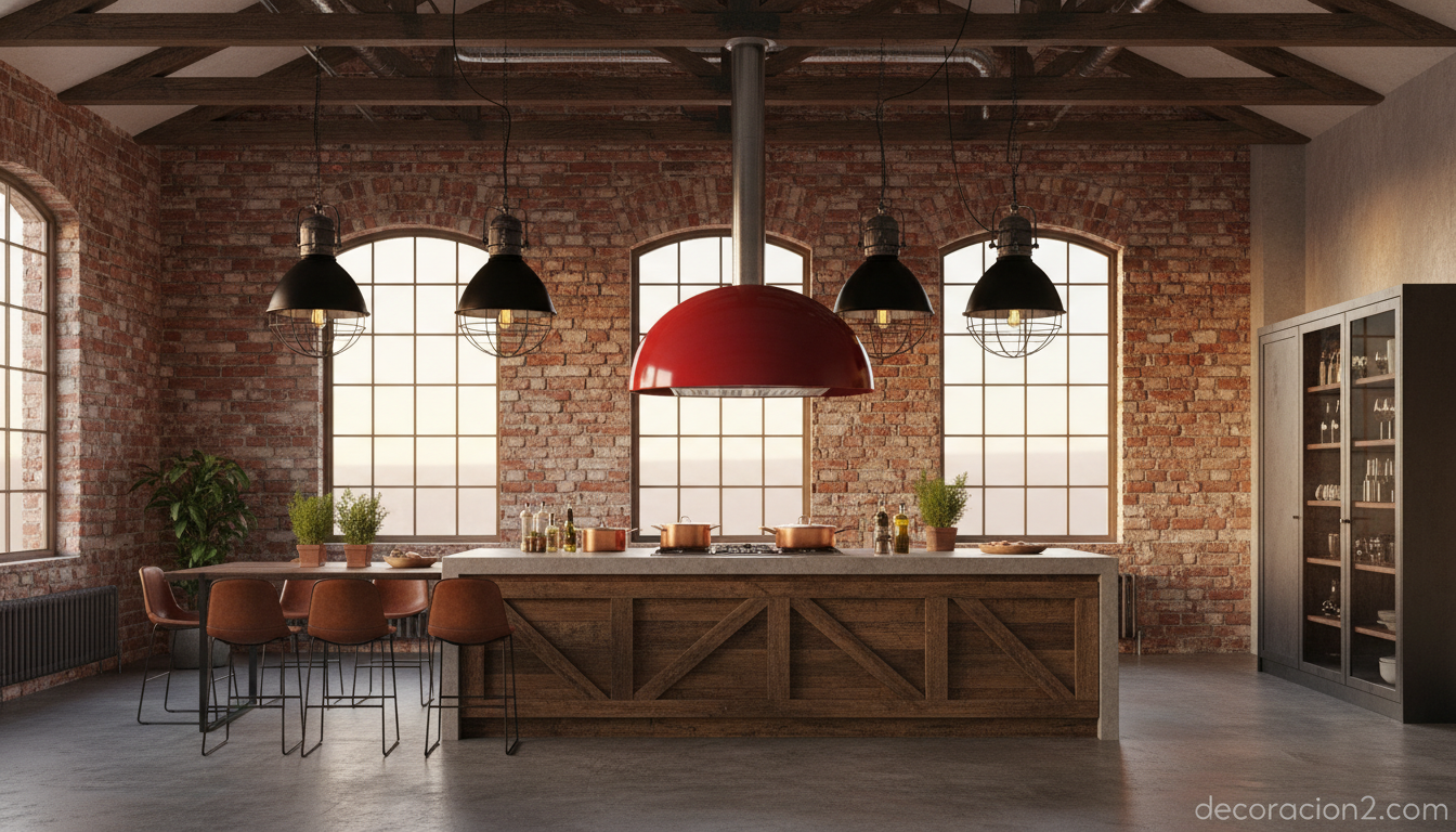 Campana extractora para isla de Pando: extractores originales que parecen lámparas de diseño 8 Cocina industrial con campana extractora de isla lacada en rojo como punto focal