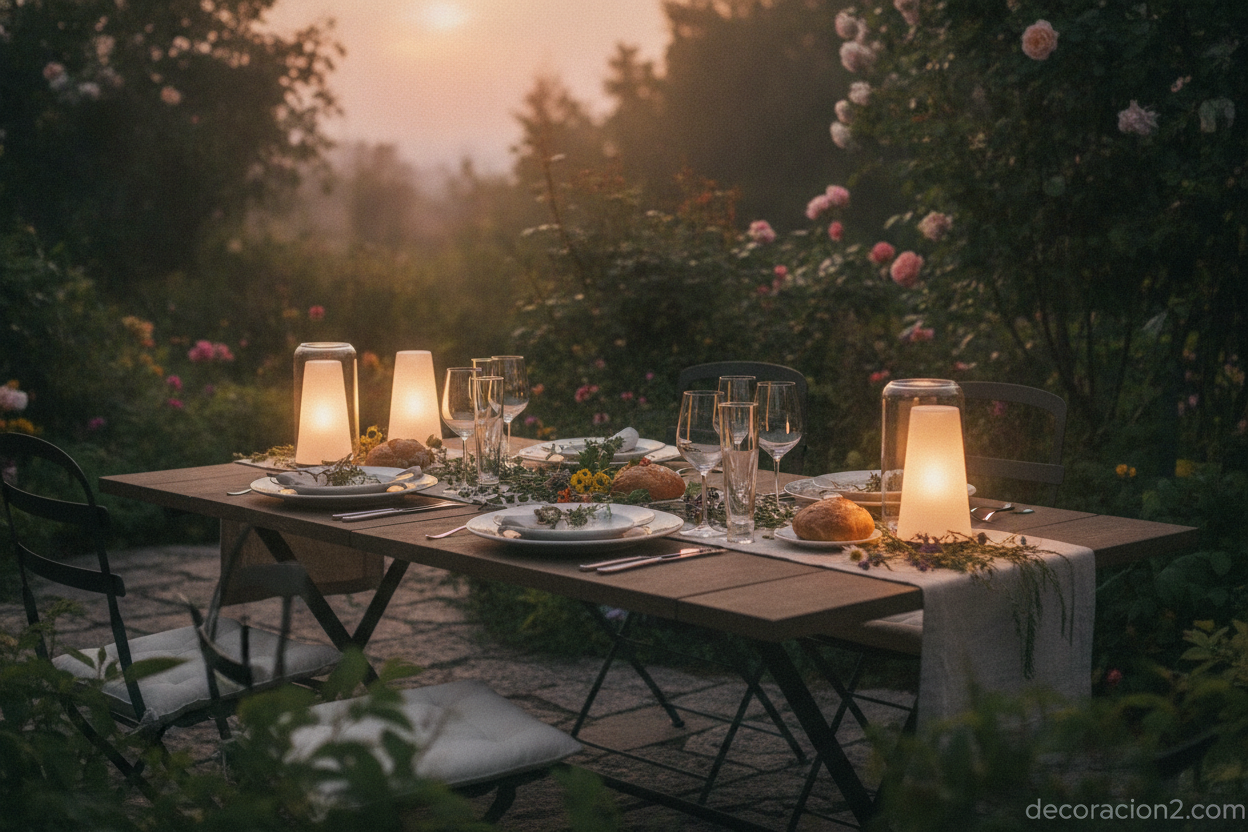 Cena en el jardín iluminada con lámparas portátiles sin cables al atardecer