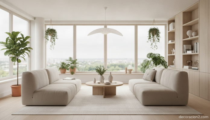 A bright modern living space with a stylish double chaise longue lounger placed near large windows with soft natural dayli... Chaise longue Dialounge doble en un salón moderno con luz natural