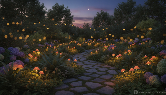 Champiñones que iluminan el jardín con lámparas LED solares al anochecer