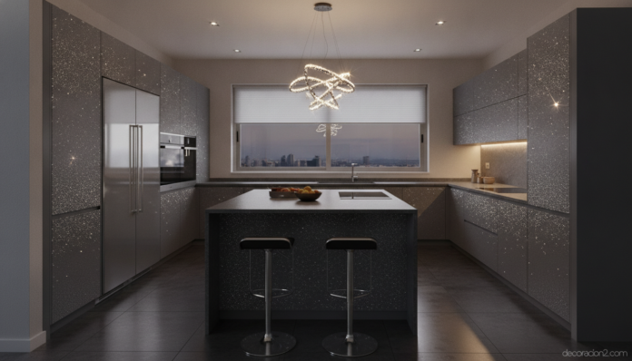 A wide editorial photograph of an ultra-luxurious modern kitchen with sleek handleless cabinets whose glossy fronts are de... Cocina de lujo con cristales Swarovski modelo Crystal 25 de Auró