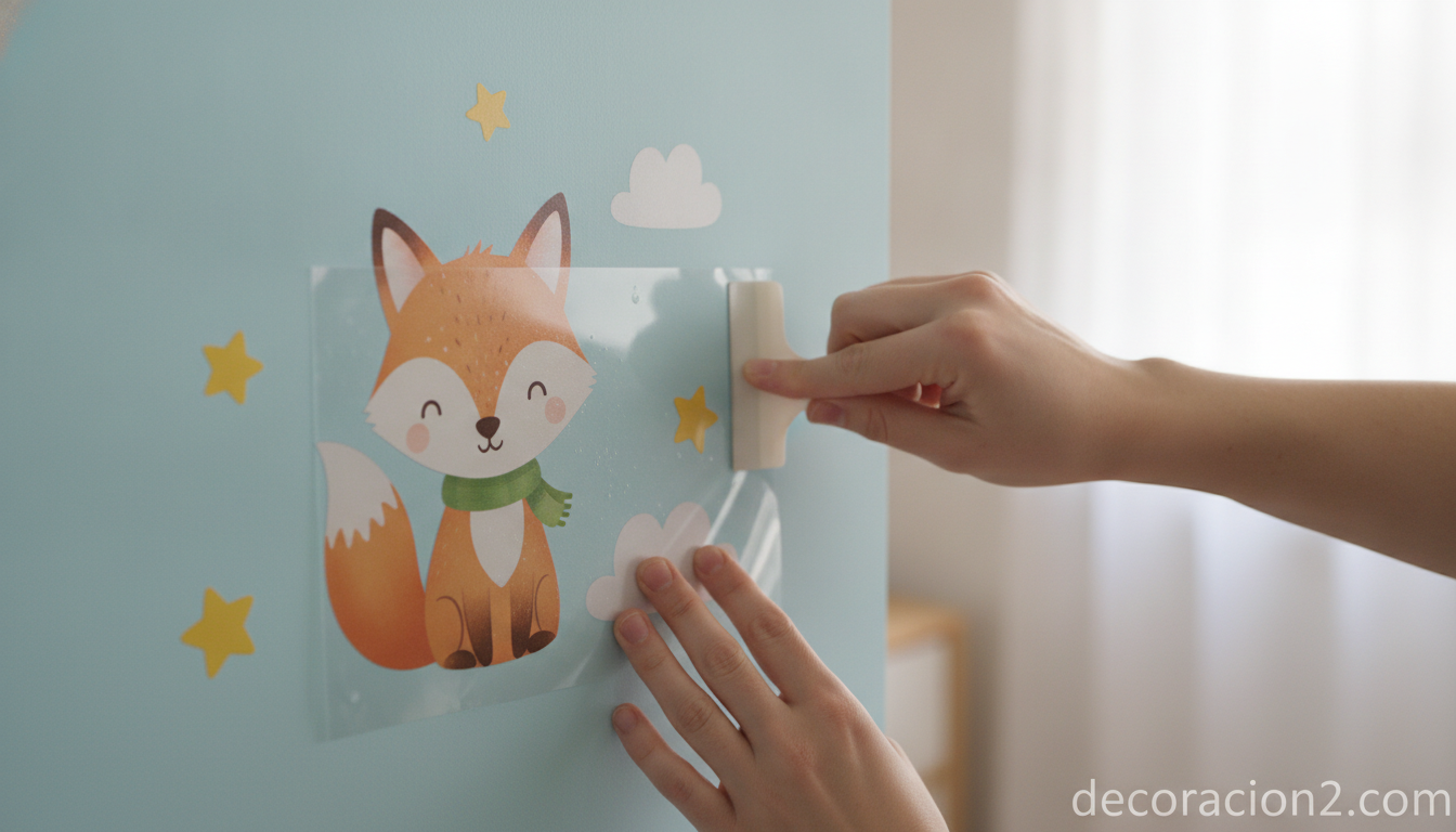 Manos colocando un vinilo adhesivo infantil sobre una pared