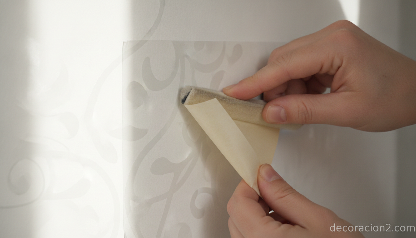 Detalle de manos aplicando un vinilo adhesivo decorativo sobre la pared con espátula