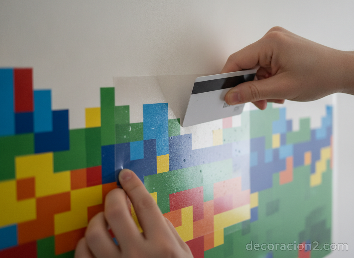 Detalle de manos colocando un vinilo decorativo pixelado en la pared con una tarjeta