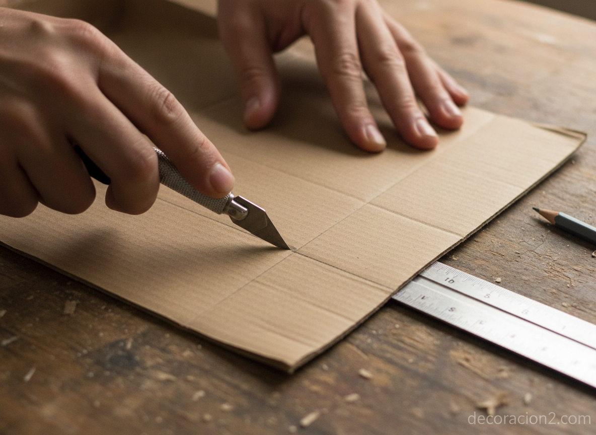 Manos cortando una caja de cereales con cúter para hacer un revistero casero