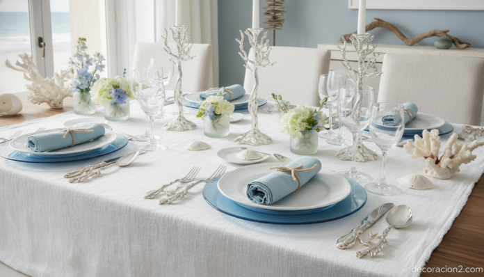 Mesa decorada con cubertería de coral en plata sobre mantel de lino blanco
