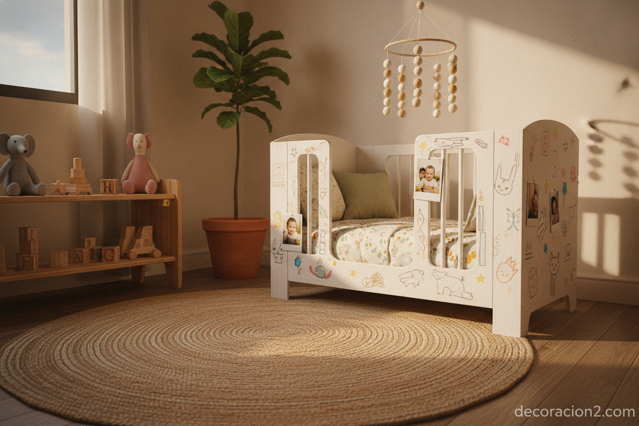 Cuna de cartón personalizada con dibujos en una habitación infantil sostenible