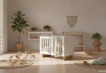 Cuna ecológica de cartón en una habitación de bebé sostenible de estilo nórdico