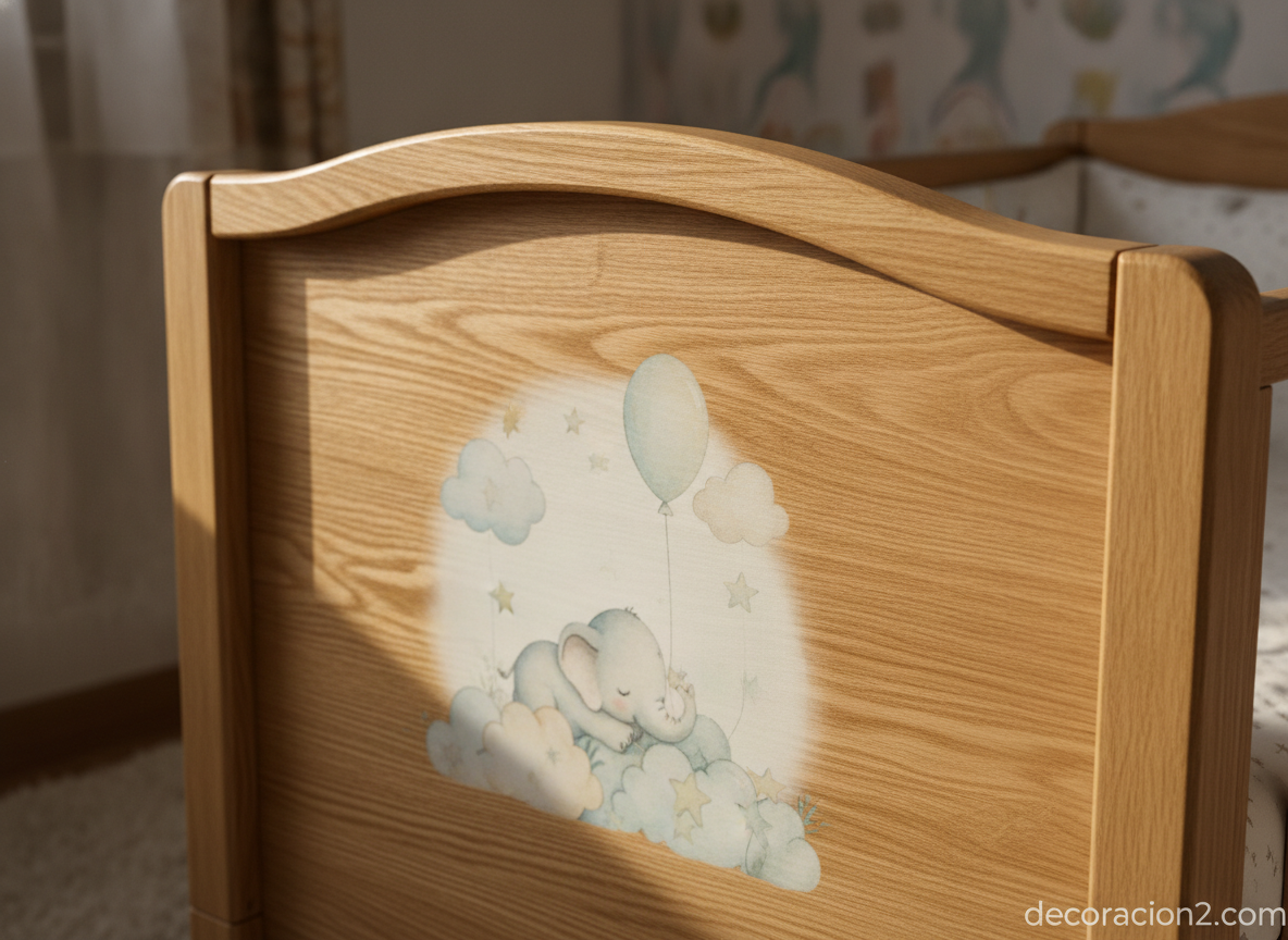 Detalle de cuna de madera personalizada con una ilustración infantil