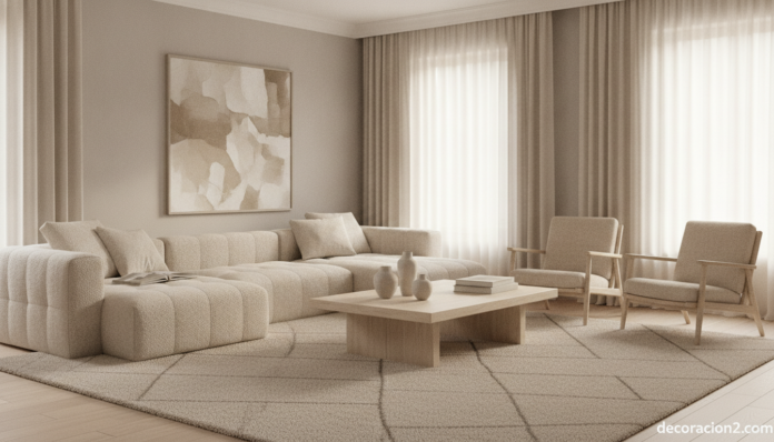 Salón con decoración monocromática en tonos beige y neutros