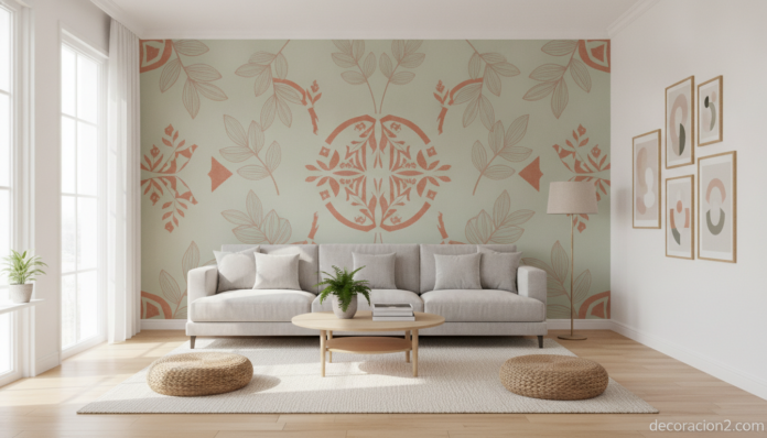 Salón moderno decorado con un mural de plantillas en la pared principal