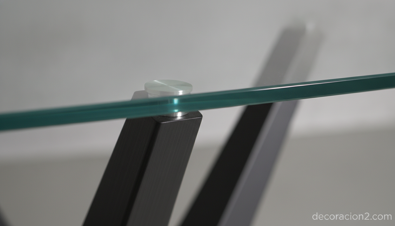 Detalle de la unión entre la base de acero y la lámina de cristal de una mesa minimalista
