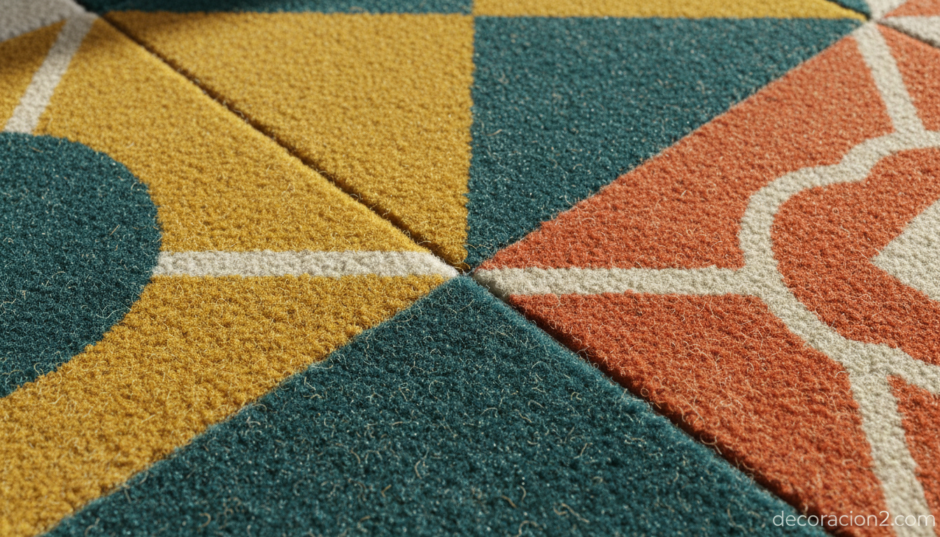 Detalle de las baldosas de una alfombra modular con estampado geométrico