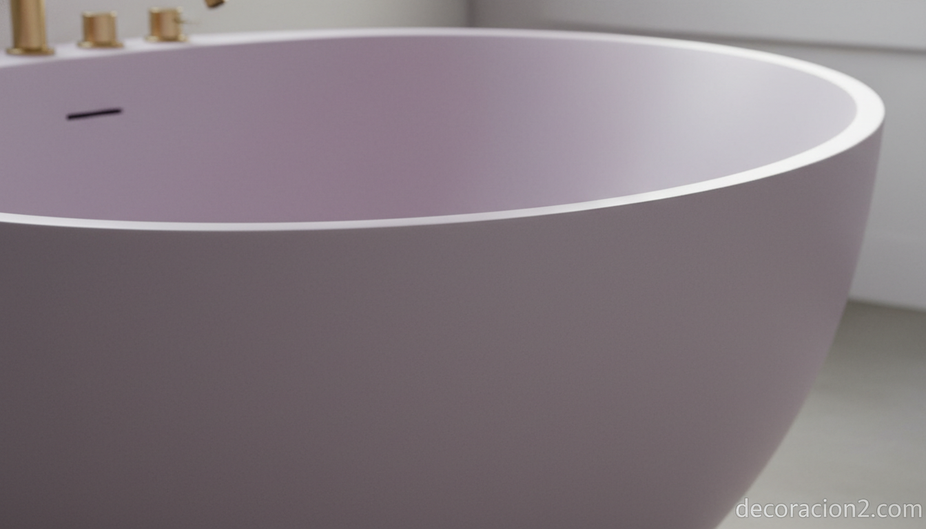 Detalle de la superficie curva en resina mineral de la bañera huevo Mastella en violeta pastel