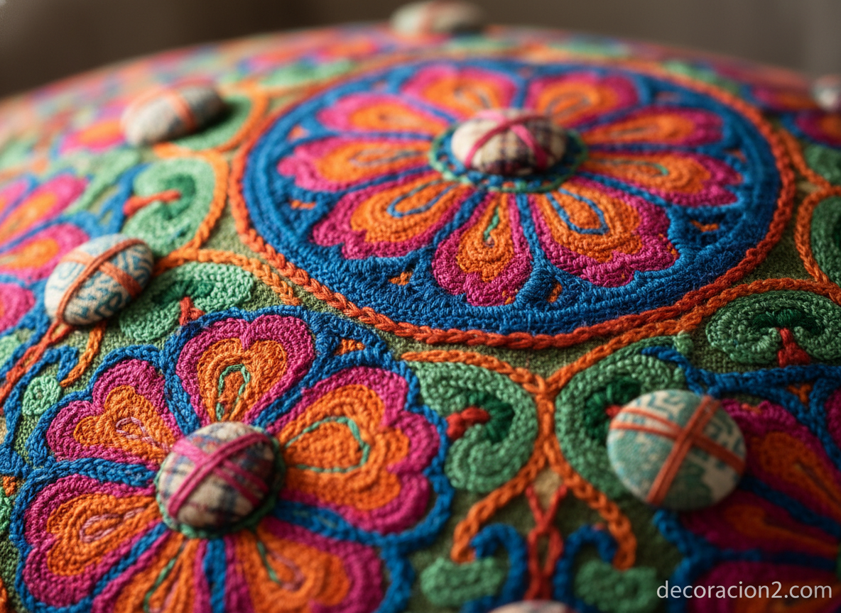 Detalle de los bordados a mano y botones de un sofá de diseño