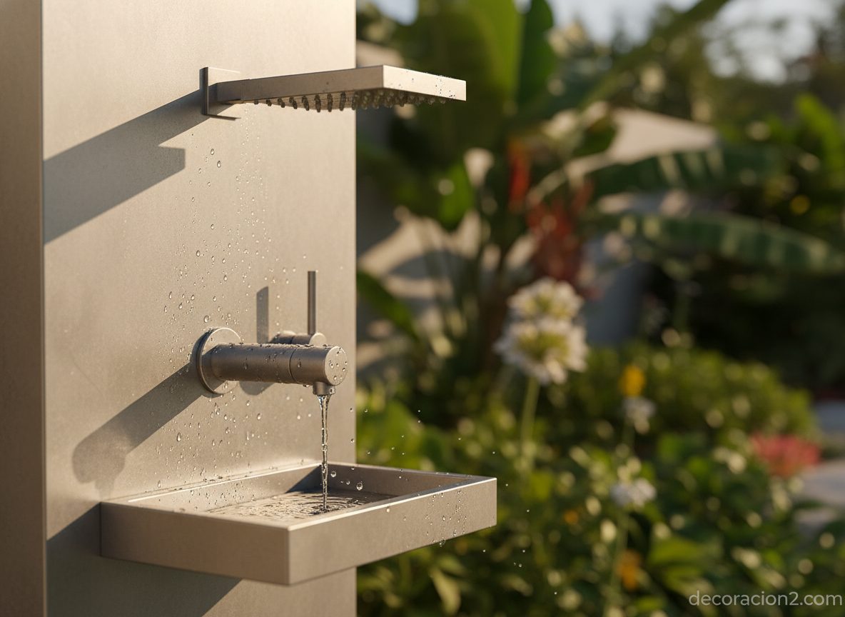 Detalle del cabezal y grifo de acero inoxidable de una ducha de exterior