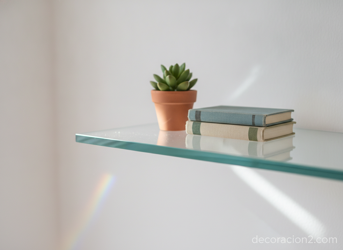 Detalle del cristal transparente de la estantería con libros y una planta