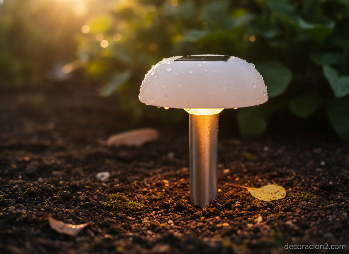Champiñones que iluminan el jardín: lámparas LED solares para tu exterior 1 Detalle de una lámpara champiñón solar LED con su placa solar en el sombrero