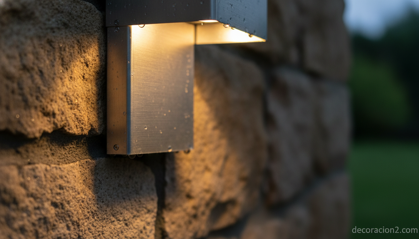 Detalle de una lámpara de exterior moderna proyectando luz cálida sobre una pared de piedra