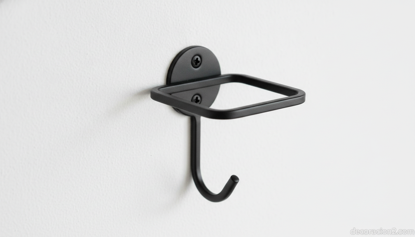 Detalle de una línea de metal negro doblada formando una balda y un gancho en la pared
