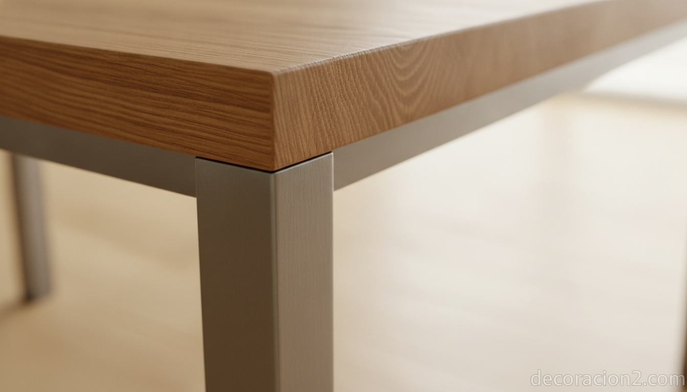 Detalle de las patas de acero y el sobre de madera maciza de una mesa modular