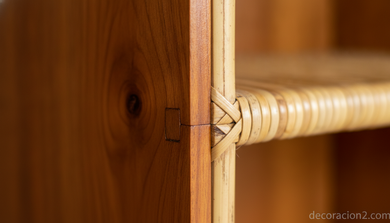 Detalle del veteado de la madera de olmo y las baldas de bambú de la estantería